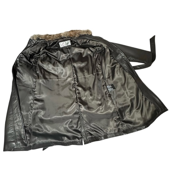 Vintage Long Leather Real Fur Collar Coat Dark Brown Womens Medium - Picture 3 of 12